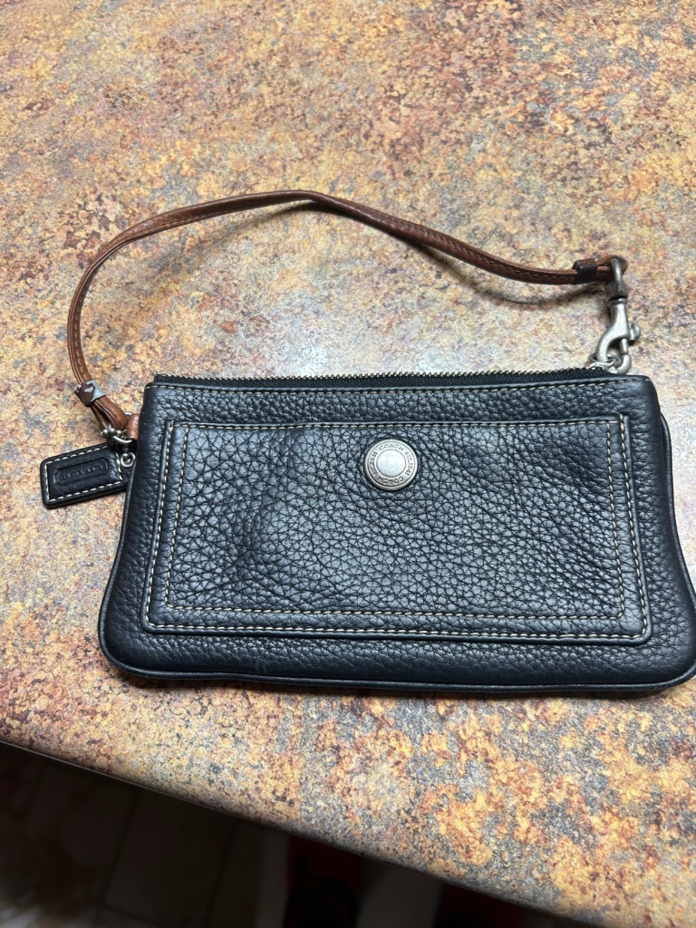 Coach Black Pebbled Leather Wristlet with Brown Strap